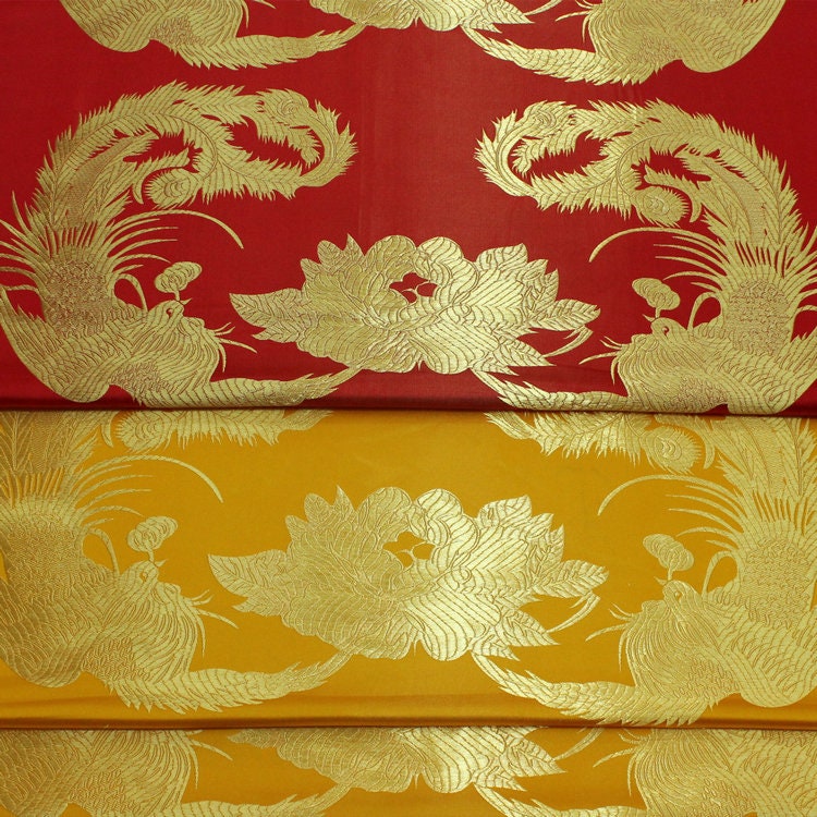Red & Gold Phoenix Jacquard Satin Brocade Fabric - Chinese Wedding Dress Fabric By The Meter