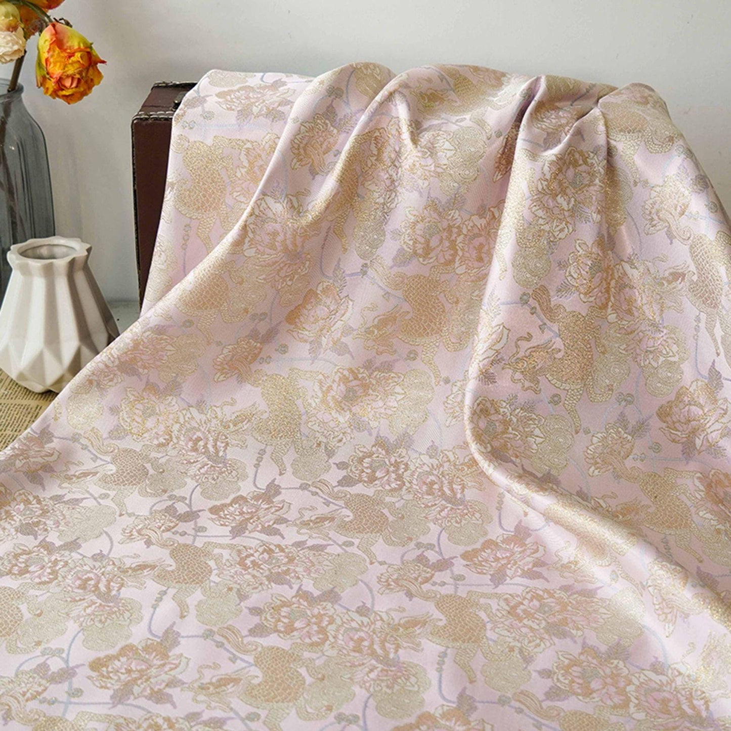 Gold Thread Pink Flower Jacquard Fabric: 3D Embossed Woven, 55"W
