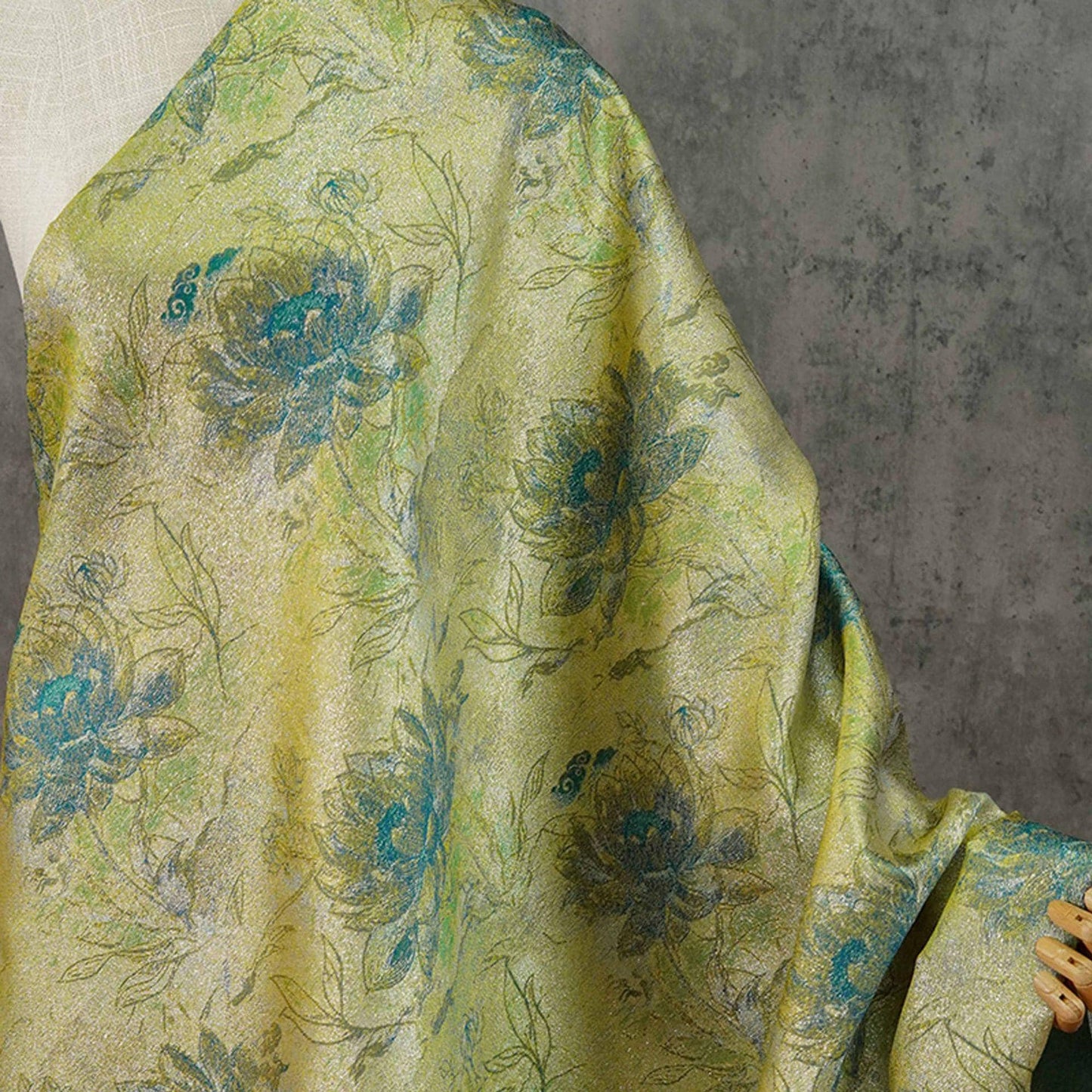 Gold Thread Jacquard Fabric: Green Lotus Upholstery & Dress Sewing (60" W, By The Meter