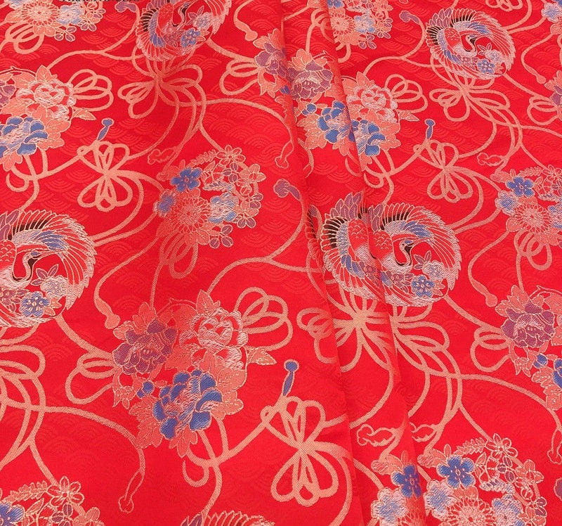 Chinese Silk Brocade Fabric: Crane Pattern, Red Jacquard (59" Wide)