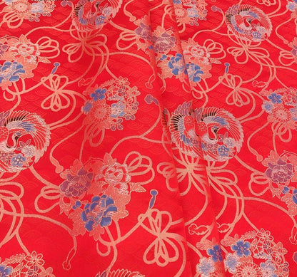 Chinese Silk Brocade Fabric: Crane Pattern, Red Jacquard (59" Wide)
