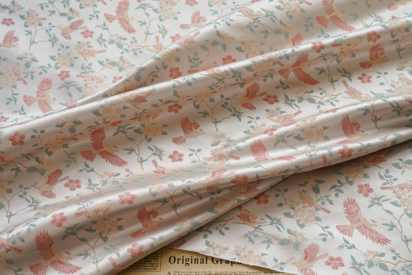 Crane Bird Jacquard Satin Fabric: 59"W Brocade Upholstery & Drapery