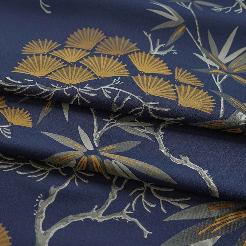 Dark Blue Ginkgo Jacquard Fabric: Polyester Upholstery & Dress Material