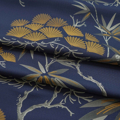 Dark Blue Ginkgo Jacquard Fabric: Polyester Upholstery & Dress Material