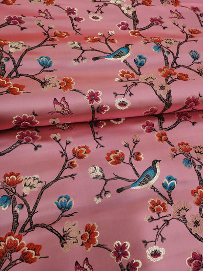 Red Silk Brocade Fabric: Bird & Branch Print, 59" Wide
