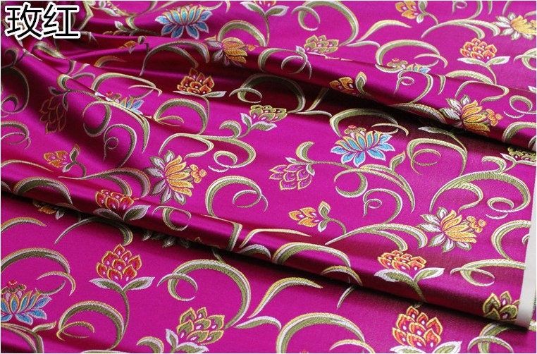 Lotus Jacquard Silk Brocade Fabric: Red, Green, Hot Pink - 29.5" Width