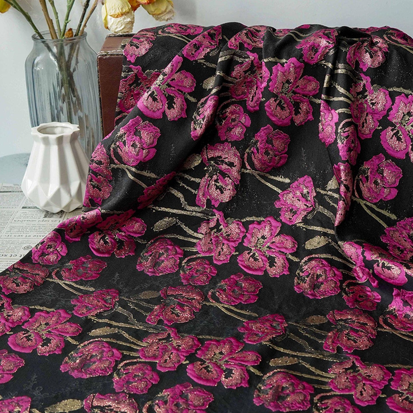 Black Jacquard Brocade Fabric | Pink Floral Gold Thread, 65"W