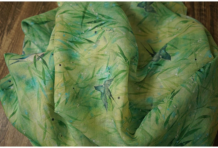 Floral Ramie Fabric: Kingfisher Green, Lightweight Sewing Material, 55" Wide