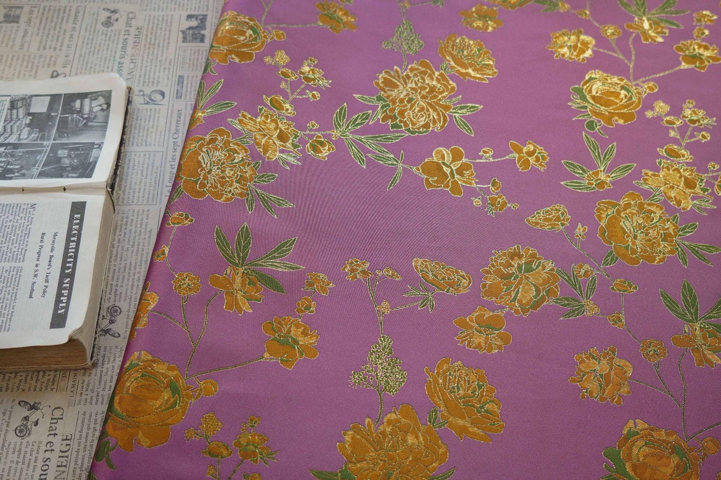 Gold Thread Purple Jacquard Fabric: Peony Pattern, 59" Wide