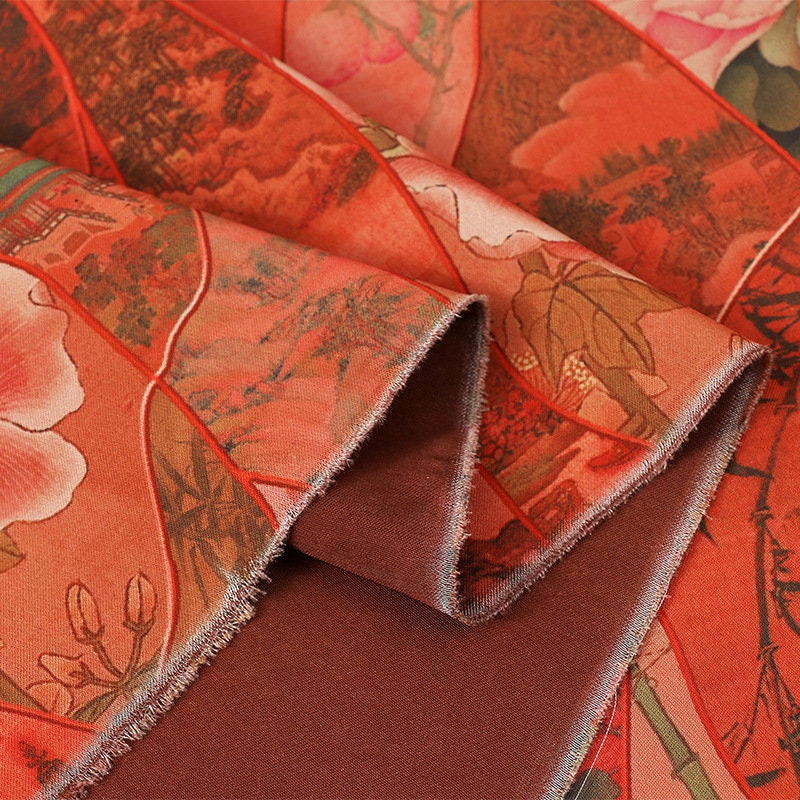 Ancient Painting Pattern Satin Fabric: 59"W Digital Print