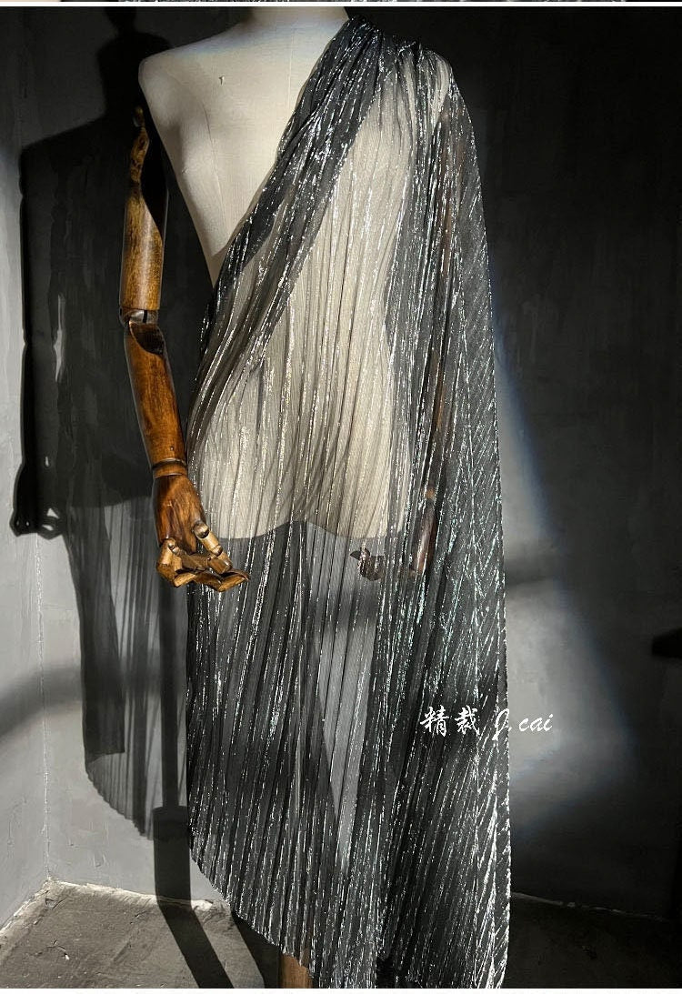 Tissu en maille plissée transparente à paillettes, 150 cm de large, fil doré et argenté