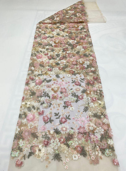 Floral Sequin Embroidered Mesh Lace Fabric, Pink Girly Dress, 49"W