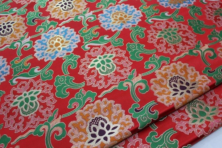 Lotus Thangka Brocade Fabric: Tibetan Robes, Buddhist Temples (29.5"W) - Poppylollipop