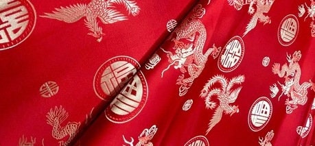 Red Dragon Brocade Fabric: 35"W Rayon Sewing & Upholstery