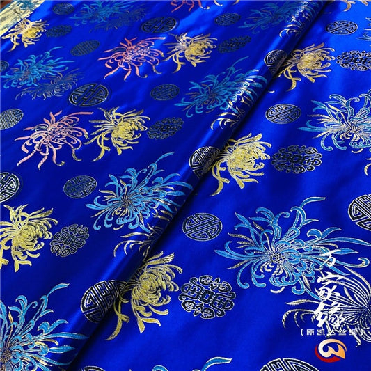 Chrysanthemum Silk Brocade Fabric: Blue Jacquard Damask (29.5"W)
