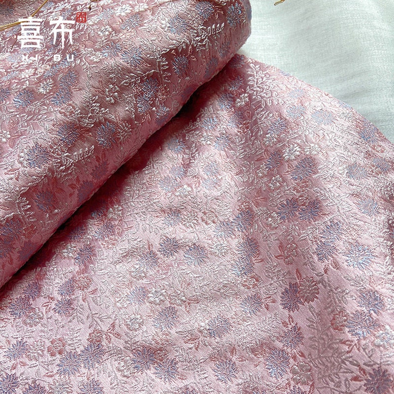 Pink Japanese Kinran Fabric: Silk Brocade Flower Blossom, Kimono Fabric