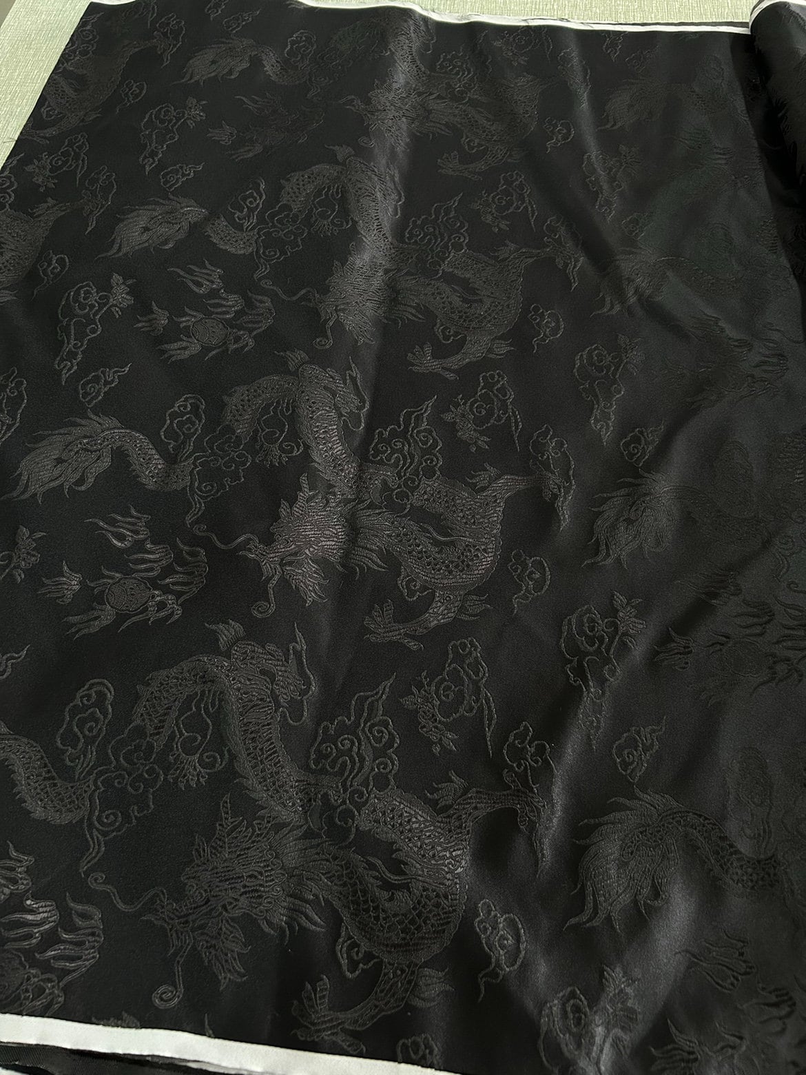 Black Silk Brocade Fabric: Big Dragon Design, 29.5"W - By The Meter