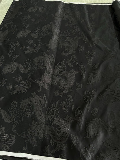Black Silk Brocade Fabric: Big Dragon Design, 29.5"W - By The Meter