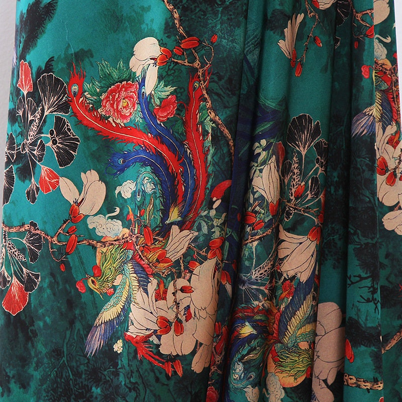 Tissu damassé en soie à motif floral et oiseaux - 150 cm de large, satin, gaze cantonaise gambierée