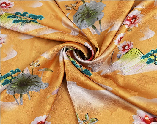 Floral Tea Silk Satin Fabric - 59"W Digital Print