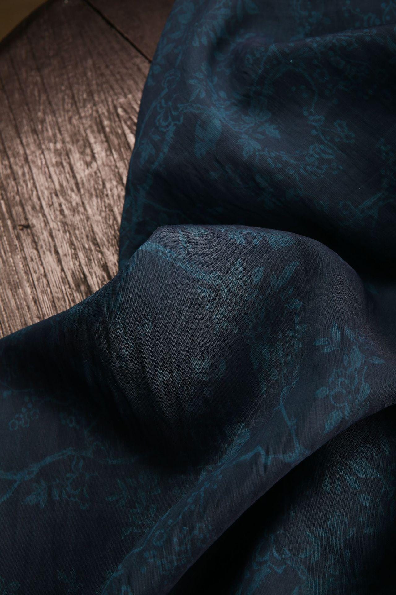 Dark Blue Floral Tencel Ramie Fabric: Sewing Material By Meter