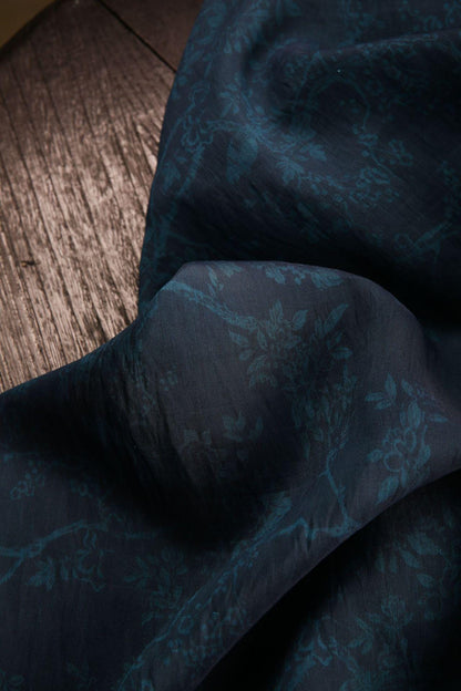 Dark Blue Floral Tencel Ramie Fabric: Sewing Material By Meter