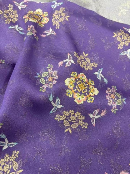 Purple Floral Brocade Fabric: Rayon & Gold Thread Chinese Style Medallion, 55"W