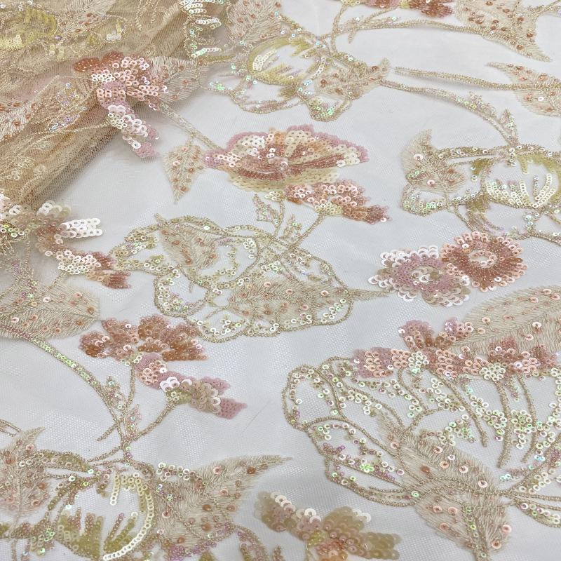 Colorful Sequin Embroidered Mesh Lace Fabric, Floral Wedding Dress Material, 49"W