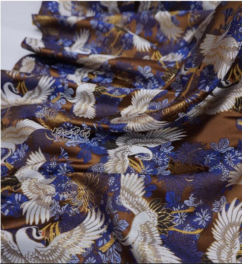 Crane Jacquard Satin Fabric: Japanese Brocade, Silver Grey, 29.5"W