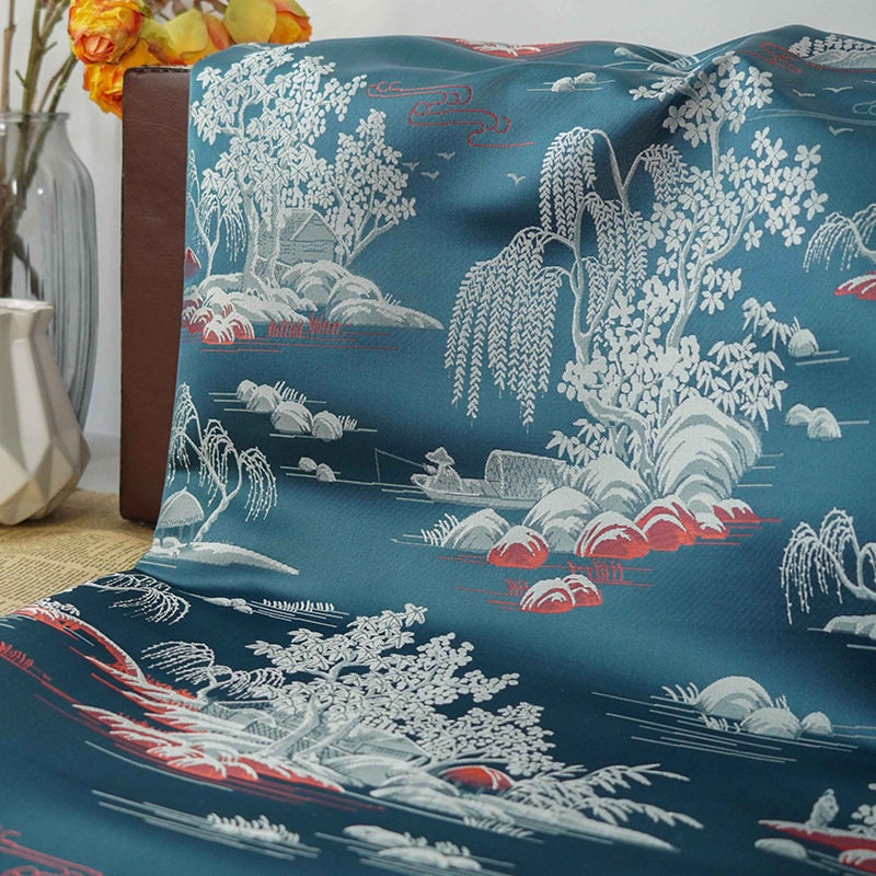 Jacquard Polyester Fabric: Minimalist Asian Landscape, Upholstery & Decor