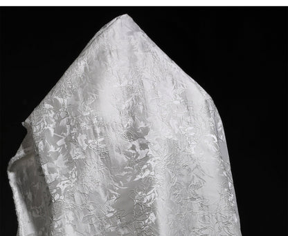 White Floral Jacquard Fabric: 3D Textured Embroidery, 63" Wide, By The Meter