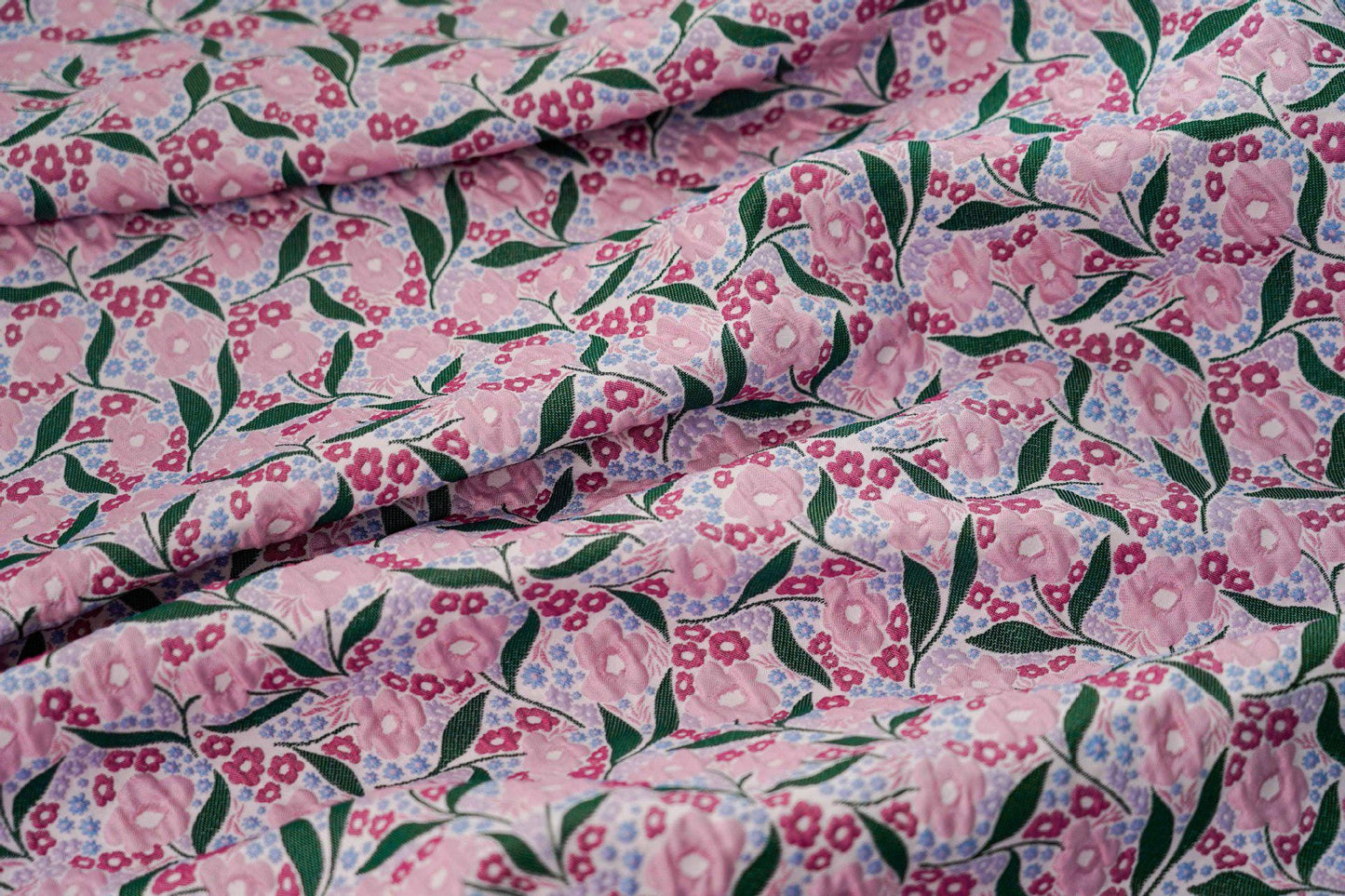 Pink Flower Jacquard Fabric: Embossed 3D Floral Design, 55" Wide