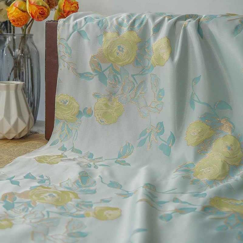 Gold Thread Floral Jacquard Fabric: 3D Texture, 63" Wide By The Meter
