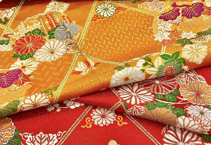 Nishijin Japanese Floral Brocade Fabric: Red Silk Rayon Jacquard