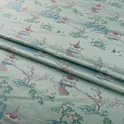 Tissu brocart Nishijin : Kimono Garden bleu aqua, 150 cm de large