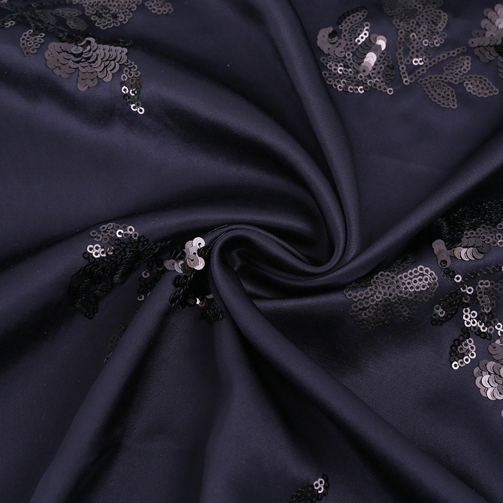 Embroidered Navy Satin Fabric: Floral Sequin Dress Material, 49�ï