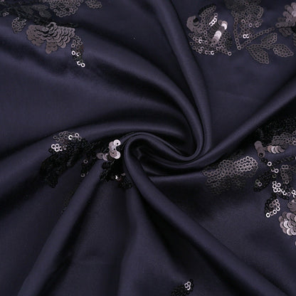 Embroidered Navy Satin Fabric: Floral Sequin Dress Material, 49�ï