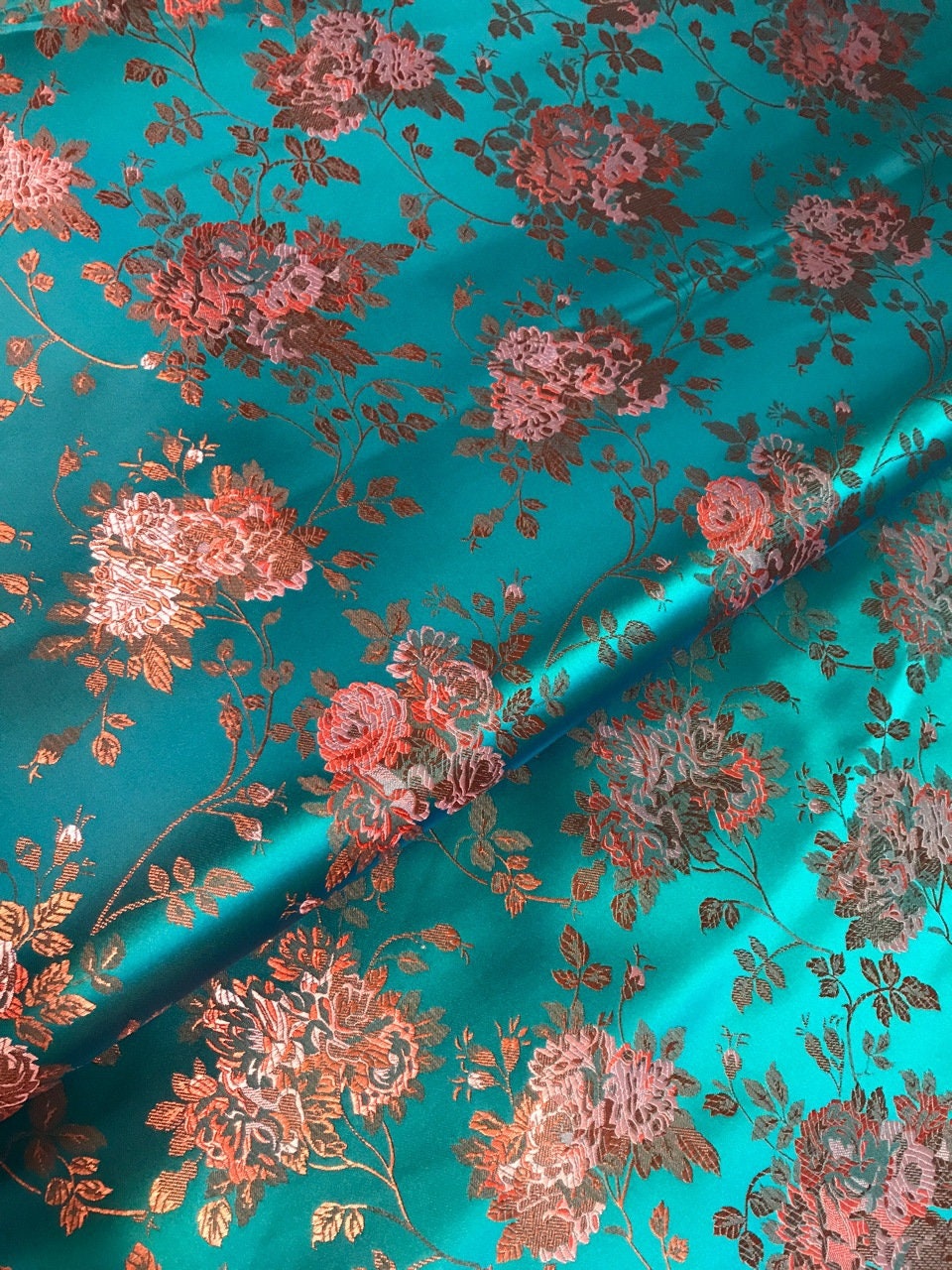 Floral Rose Brocade Fabric: Shiny Rayon Chinese Silk (By 1 Meter)