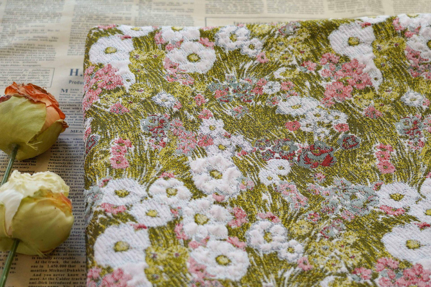 Reversible Floral Jacquard Fabric: 3D Embossed Green Woven Upholstery, 59" Wide
