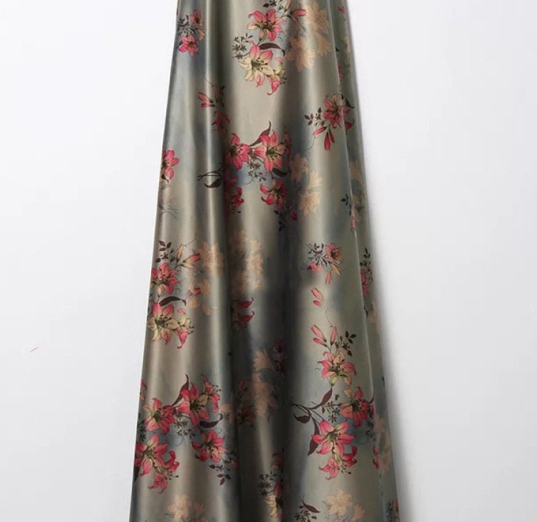 Lily Print Silk Satin Fabric: Gambiered Canton Gauze, 59" Wide
