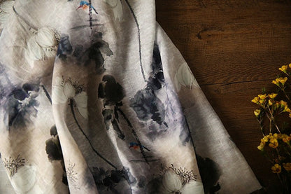 Floral Ramie Fabric: Gray Ancient Ink Painting, 57" Wide
