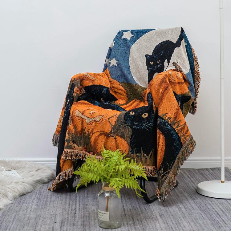 Halloween Sofa Throw Blanket: Black Cats & Pumpkins, Fringed Woven Rug