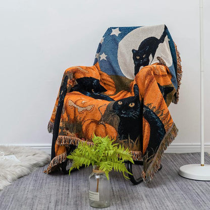 Halloween Sofa Throw Blanket: Black Cats & Pumpkins, Fringed Woven Rug