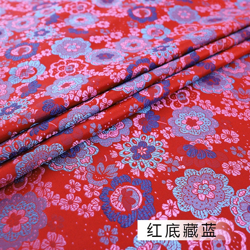 Floral Japanese Kinran Brocade Fabric: Red & Blue Rayon, 59" Wide
