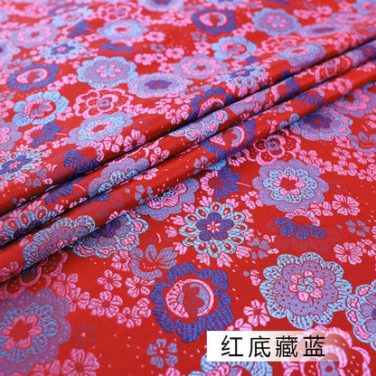 Floral Japanese Kinran Brocade Fabric: Red & Blue Rayon, 59" Wide