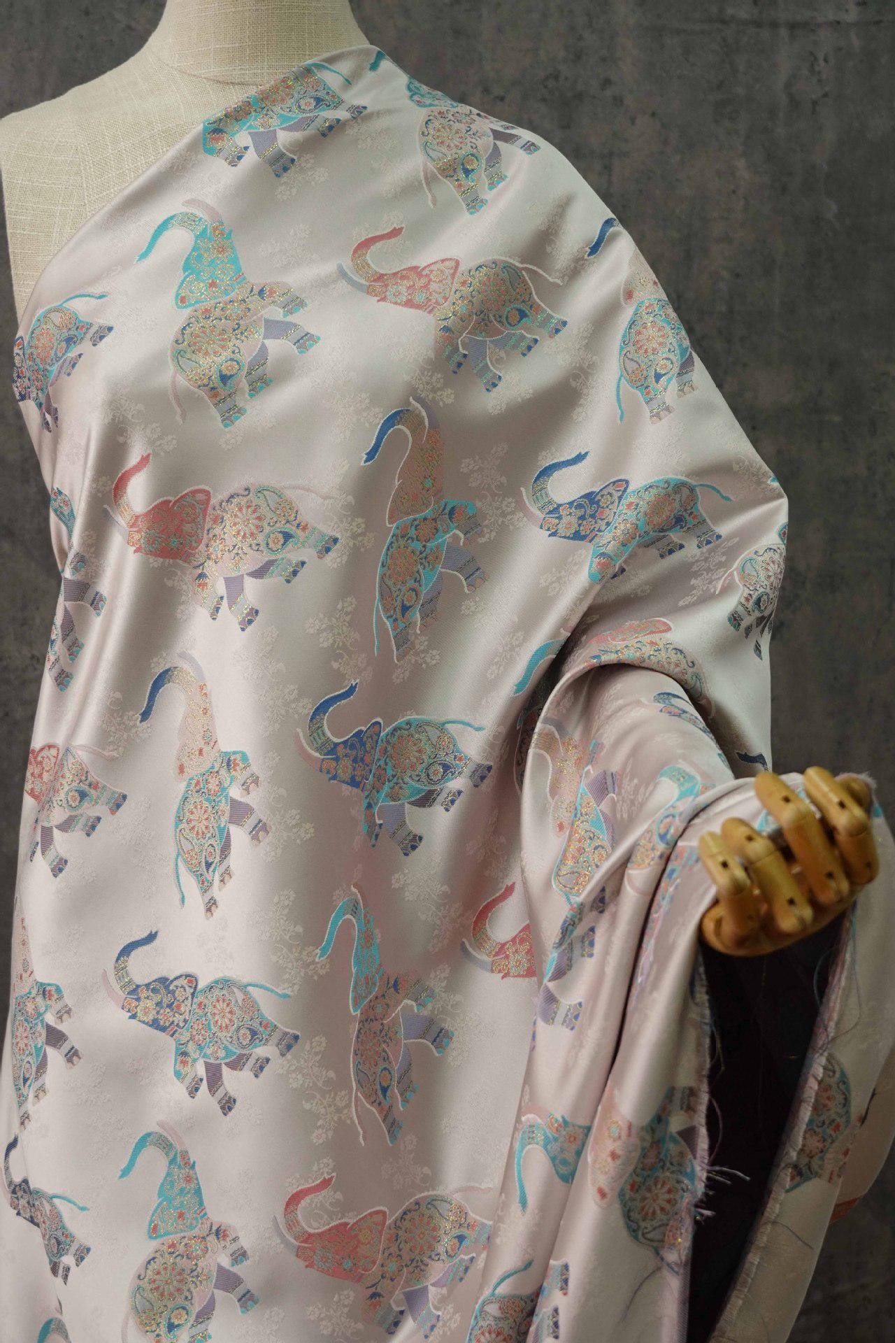 Elephant Brocade Fabric: 55" Ethnic Tibetan Damask, Costume Upholstery