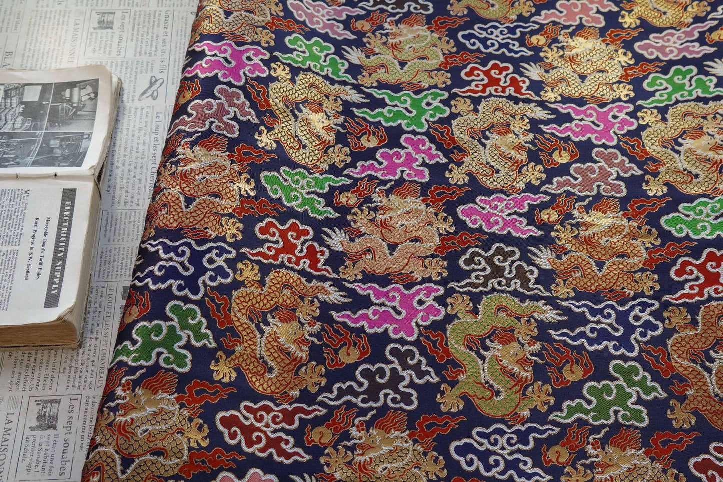 Chinese Dragon Brocade Fabric - Auspicious Cloud Woven Textile, 60" Wide