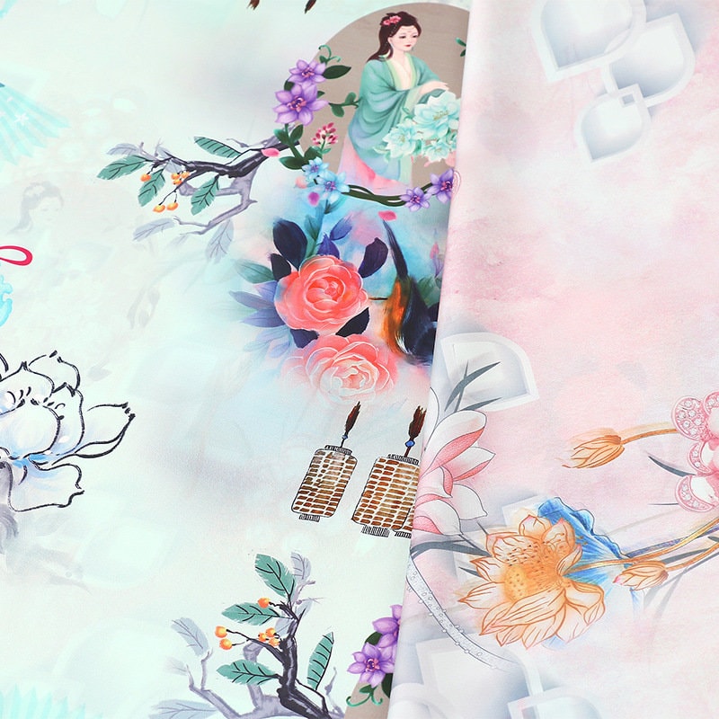 Floral Print Polyester Spandex Fabric: Cheongsam Dress Material (59"W)