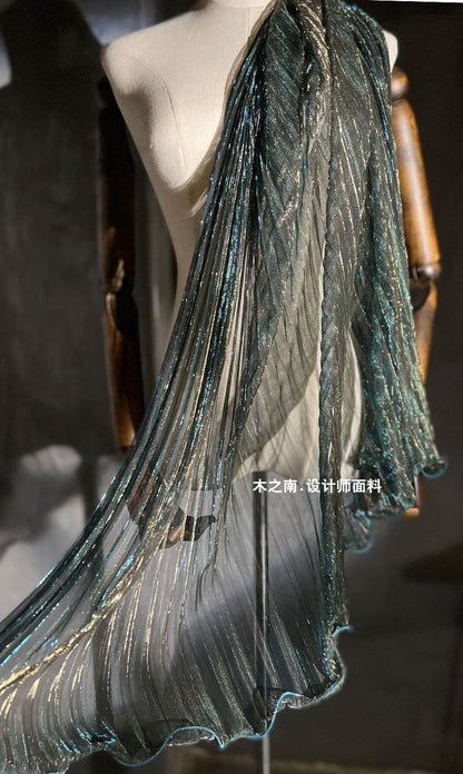 Peacock Blue Glitter Pleated Mesh Fabric, 59" Wide, Stiff Organza
