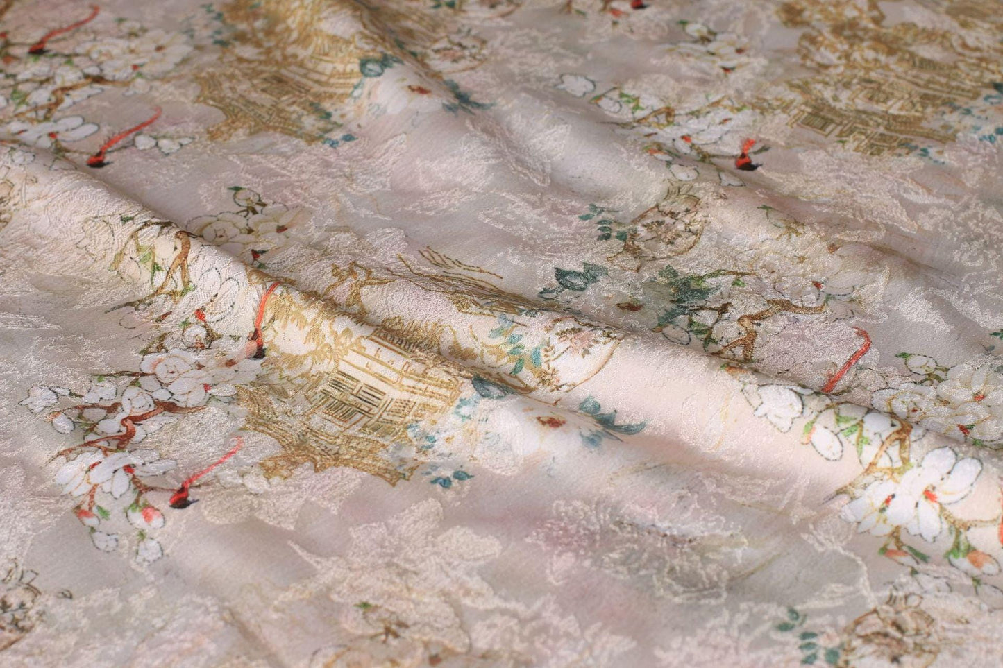 Floral Silky Satin Fabric: 59"W Ancient Painting Print